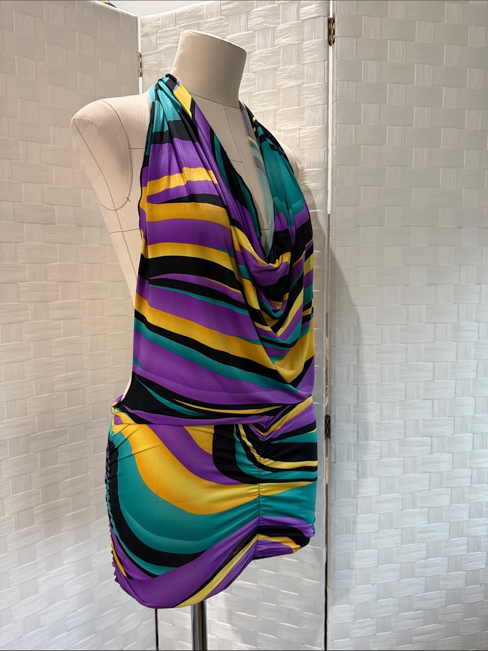 Backless Cowl Mini Dress in Purple Teal & Yellow